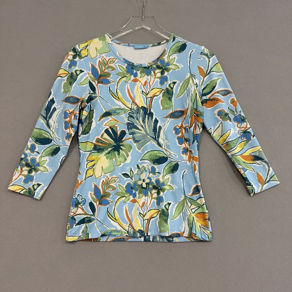 J.McLaughlin Top XS Blue Botanical 3/4 Sleeves Catalina Cloth Tropical